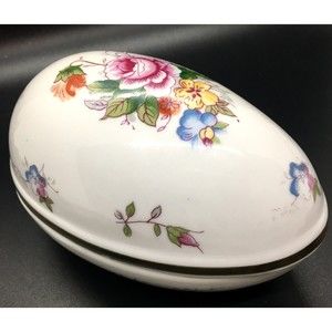 Vintage Shackman Egg-Shaped Gold Trim Floral Porcelain Jewelry Trinket Box Japan
